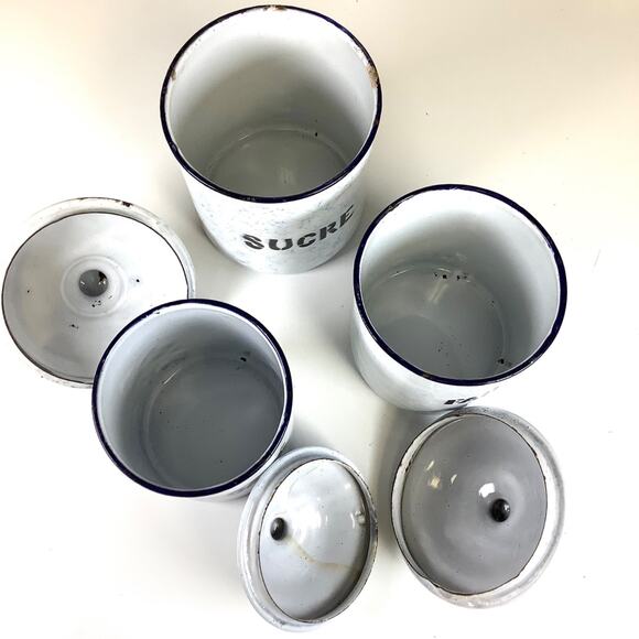 Vintage French Enamel Graniteware Canister Set of 3 Farmhouse Enamelware 1920/30 - Picture 6 of 8